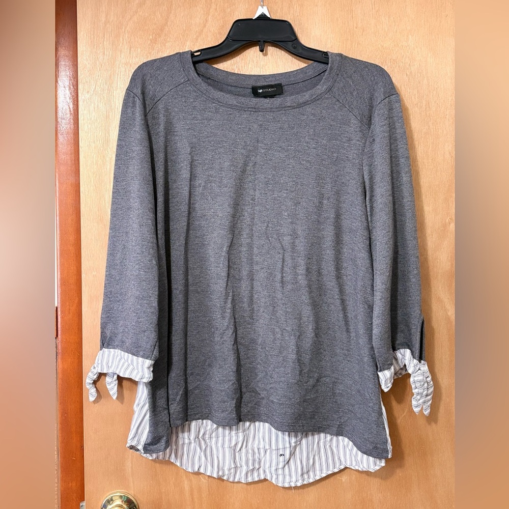 AB Studio XL Gray Layered Look Top Striped Hem Button Back Ruffle Sleeve Blouse